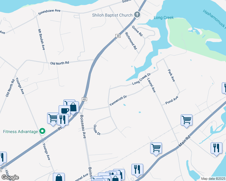 map of restaurants, bars, coffee shops, grocery stores, and more near 250 Long Creek Drive in Southold