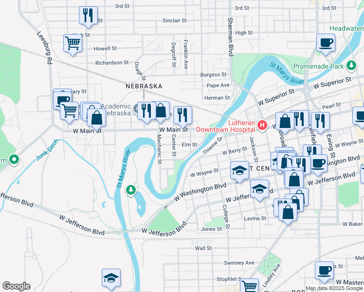 map of restaurants, bars, coffee shops, grocery stores, and more near 1237 Elm Street in Fort Wayne