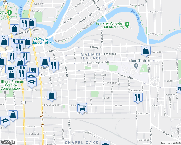 map of restaurants, bars, coffee shops, grocery stores, and more near 922 East Jefferson Boulevard in Fort Wayne