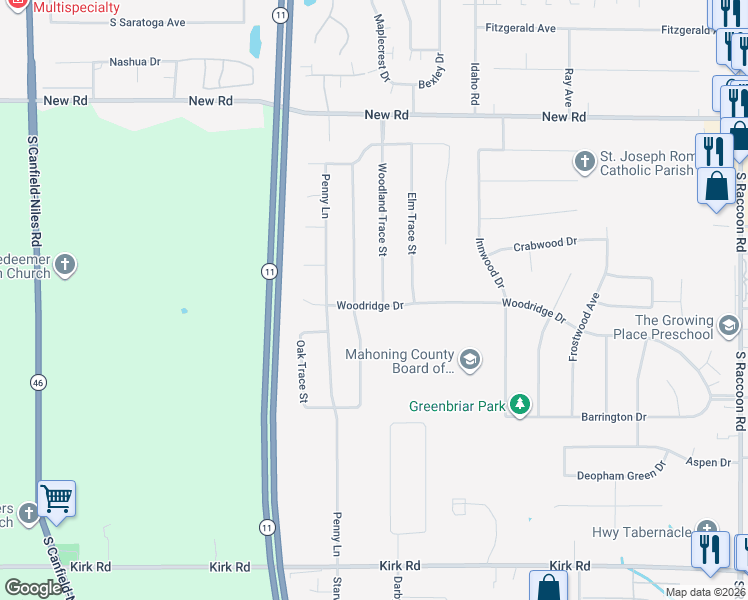 map of restaurants, bars, coffee shops, grocery stores, and more near 2250 Woodland Trce in Youngstown