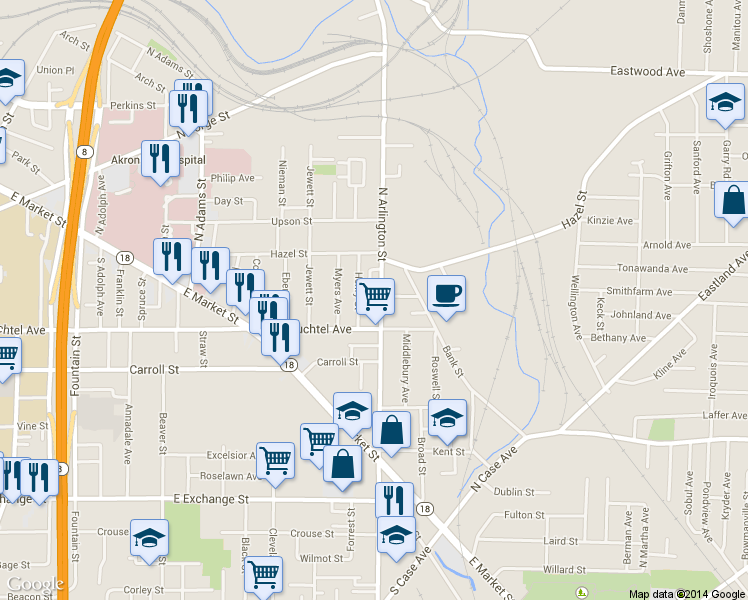map of restaurants, bars, coffee shops, grocery stores, and more near 190 North Arlington Street in Akron