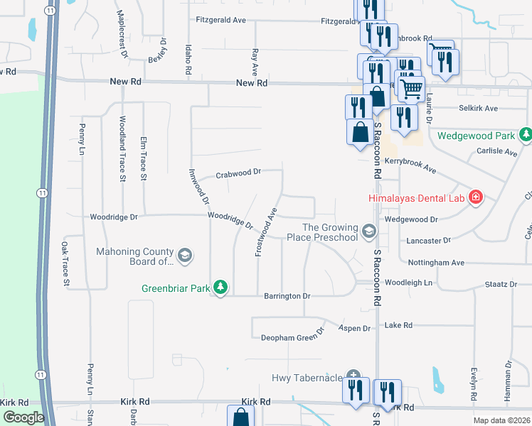 map of restaurants, bars, coffee shops, grocery stores, and more near 2262 Frostwood Ave in Youngstown