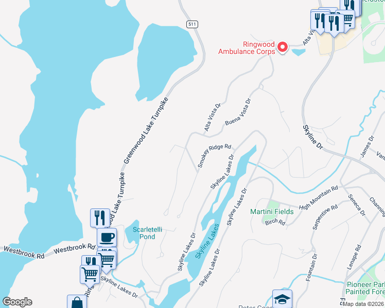 map of restaurants, bars, coffee shops, grocery stores, and more near 15 Hilltop Road in Ringwood