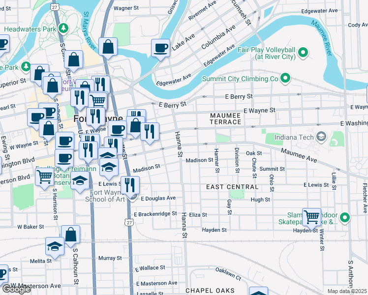 map of restaurants, bars, coffee shops, grocery stores, and more near 626 East Jefferson Boulevard in Fort Wayne