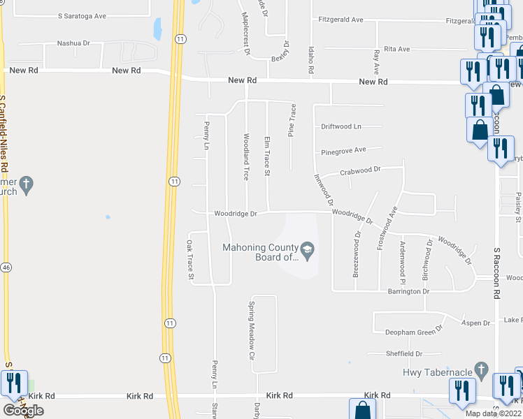 map of restaurants, bars, coffee shops, grocery stores, and more near 2250 Elm Trace Street in Youngstown