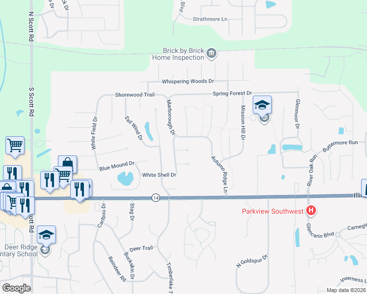 map of restaurants, bars, coffee shops, grocery stores, and more near 9124 Yellow Tree Court in Fort Wayne