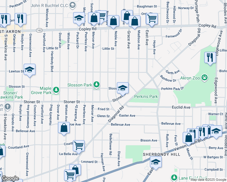 map of restaurants, bars, coffee shops, grocery stores, and more near 733 Noah Avenue in Akron