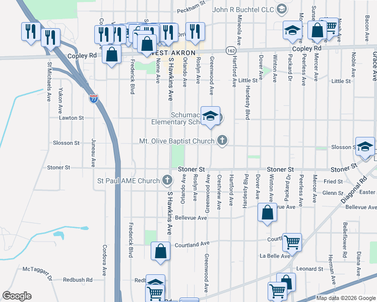 map of restaurants, bars, coffee shops, grocery stores, and more near 1225 Orlando Avenue in Akron