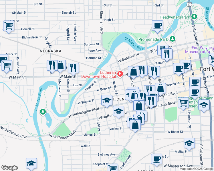 map of restaurants, bars, coffee shops, grocery stores, and more near 723 Union Street in Fort Wayne