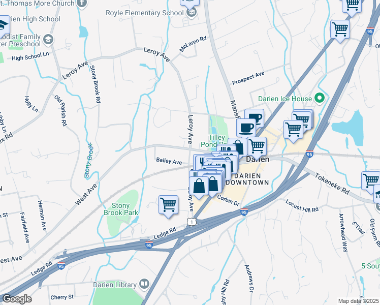 map of restaurants, bars, coffee shops, grocery stores, and more near 77 Leroy Avenue in Darien
