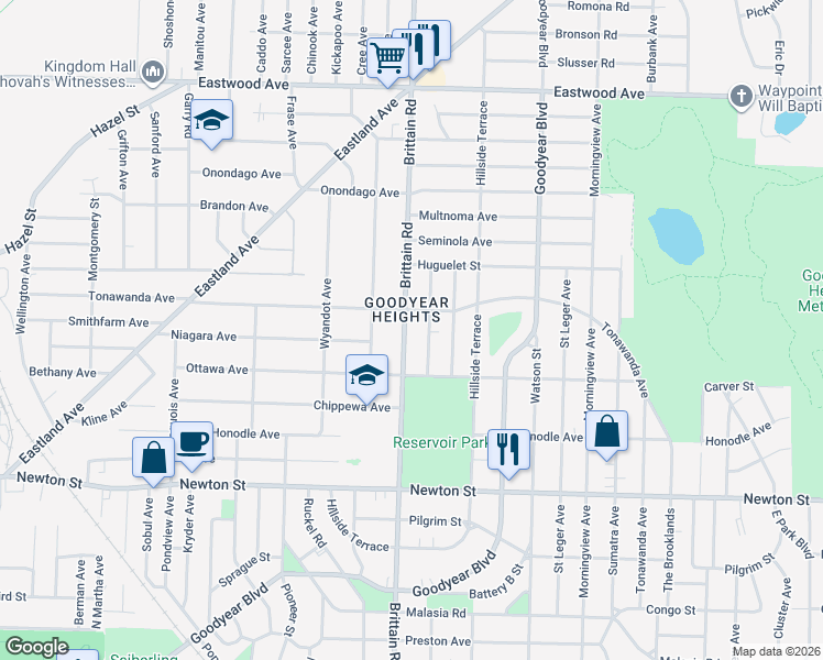 map of restaurants, bars, coffee shops, grocery stores, and more near in Akron