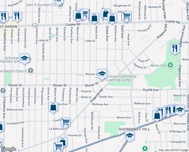 map of restaurants, bars, coffee shops, grocery stores, and more near 733 Noah Avenue in Akron