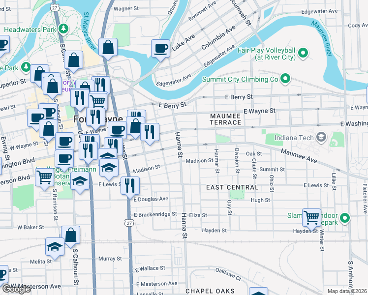 map of restaurants, bars, coffee shops, grocery stores, and more near 626 East Jefferson Boulevard in Fort Wayne