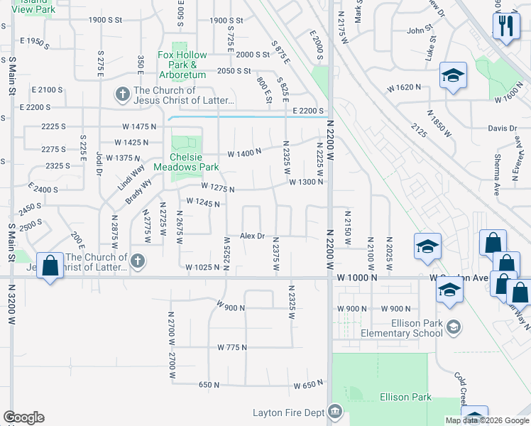 map of restaurants, bars, coffee shops, grocery stores, and more near 1186 N 2425 W in Layton