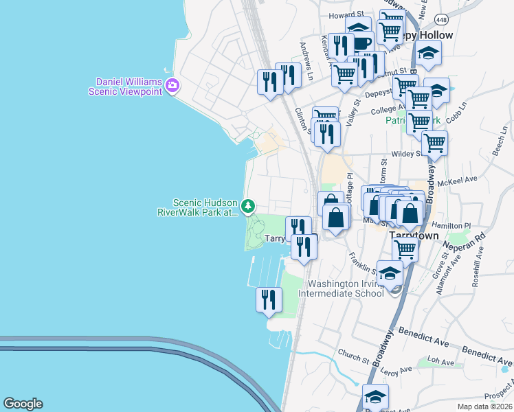 map of restaurants, bars, coffee shops, grocery stores, and more near 163 West Main Street in Tarrytown