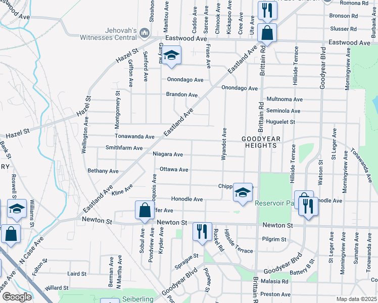 map of restaurants, bars, coffee shops, grocery stores, and more near 550 Mohican Avenue in Akron