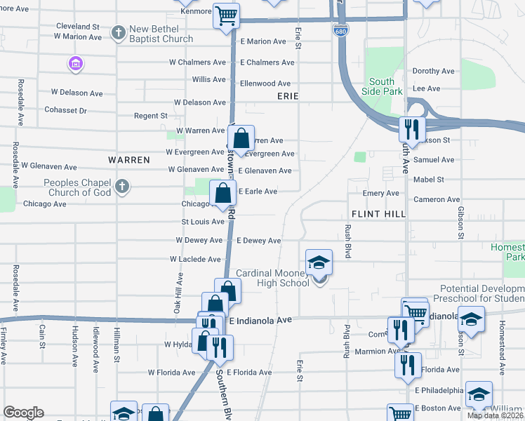 map of restaurants, bars, coffee shops, grocery stores, and more near 48 Pasadena Avenue in Youngstown
