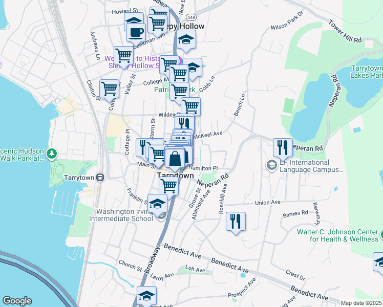 map of restaurants, bars, coffee shops, grocery stores, and more near 42 North Broadway in Tarrytown