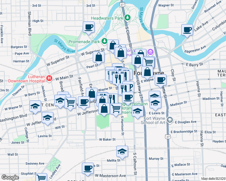 map of restaurants, bars, coffee shops, grocery stores, and more near 219 West Wayne Street in Fort Wayne