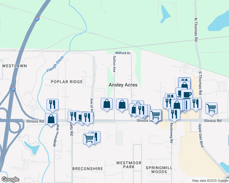 map of restaurants, bars, coffee shops, grocery stores, and more near 821 Sutton Drive in Fort Wayne