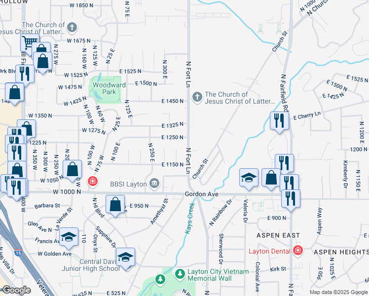 map of restaurants, bars, coffee shops, grocery stores, and more near 1202 North 350 East in Layton
