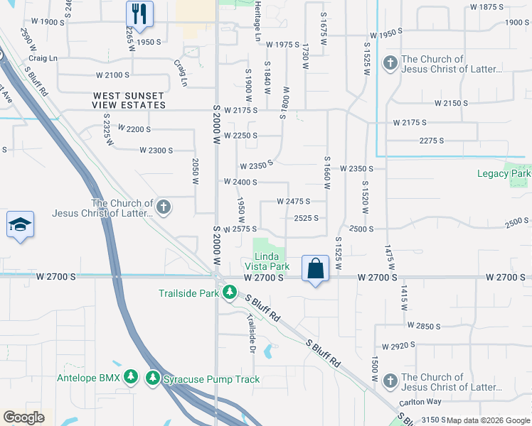 map of restaurants, bars, coffee shops, grocery stores, and more near 2503 South 1875 West in Syracuse