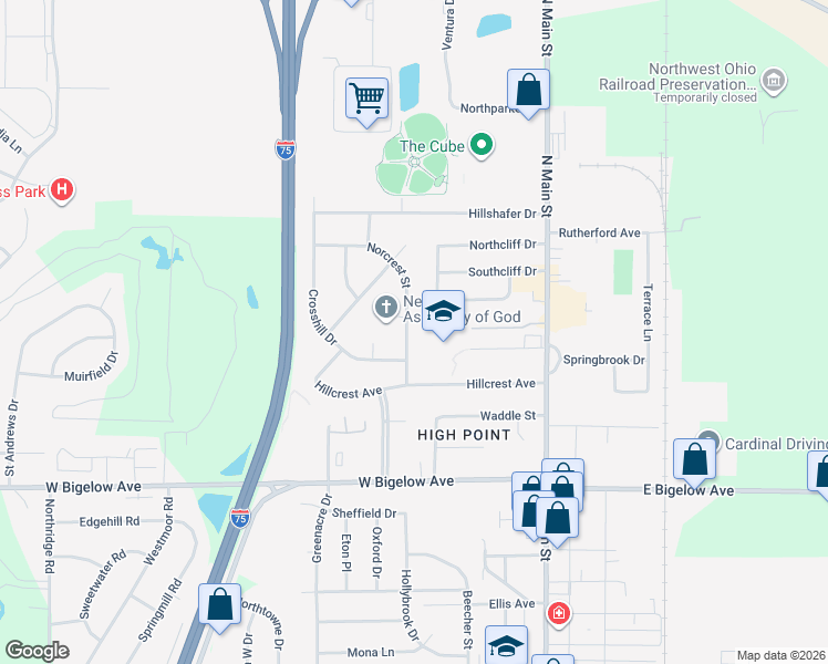 map of restaurants, bars, coffee shops, grocery stores, and more near 3121 Norcrest Street in Findlay