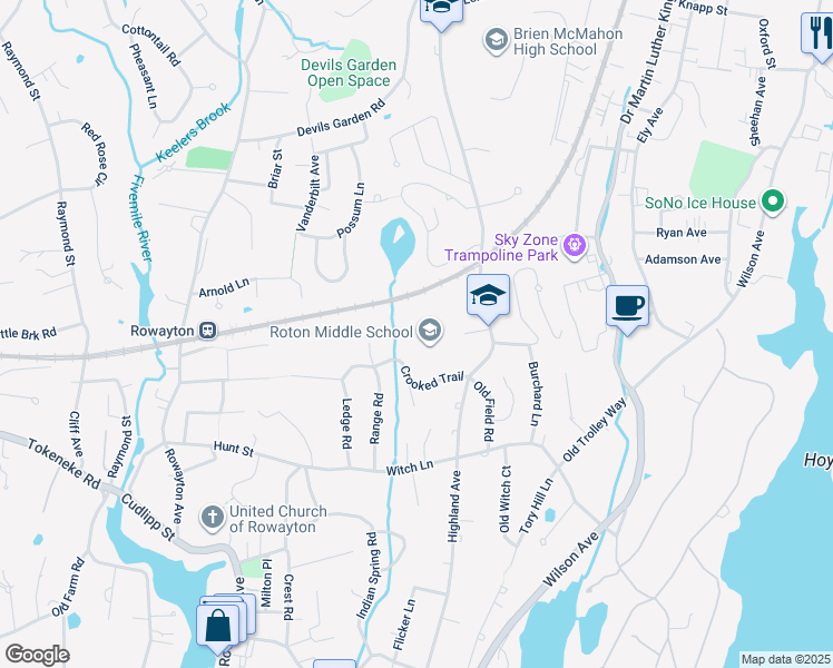 map of restaurants, bars, coffee shops, grocery stores, and more near 201 Highland Avenue in Norwalk