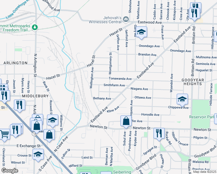 map of restaurants, bars, coffee shops, grocery stores, and more near 1154 Smithfarm Avenue in Akron