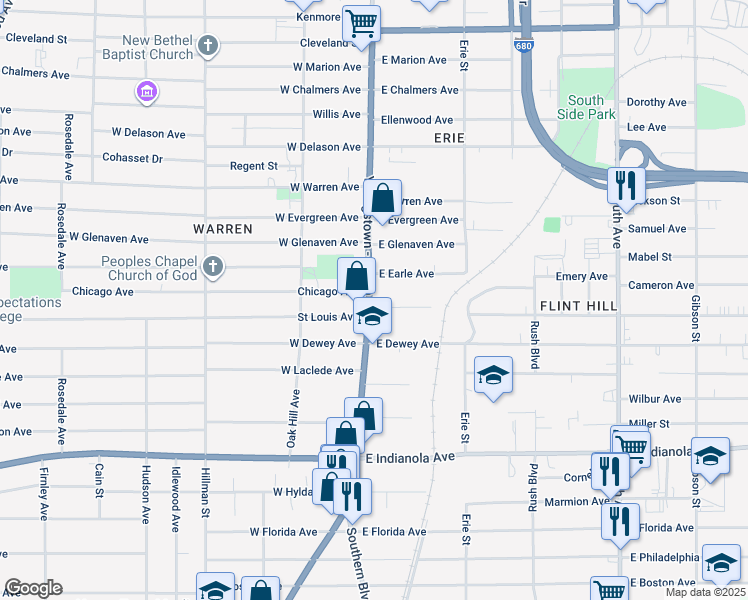 map of restaurants, bars, coffee shops, grocery stores, and more near 2209 Market Street in Youngstown