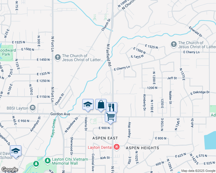 map of restaurants, bars, coffee shops, grocery stores, and more near 1205 North Fairfield Road in Layton