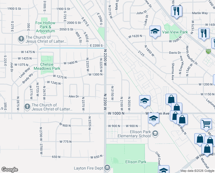map of restaurants, bars, coffee shops, grocery stores, and more near 2181 West 1225 North in Layton