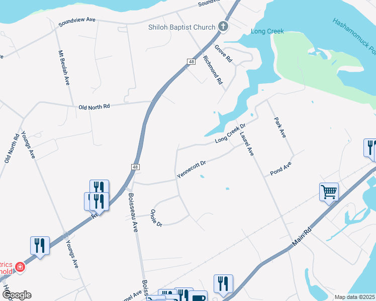 map of restaurants, bars, coffee shops, grocery stores, and more near 250 Long Creek Drive in Southold