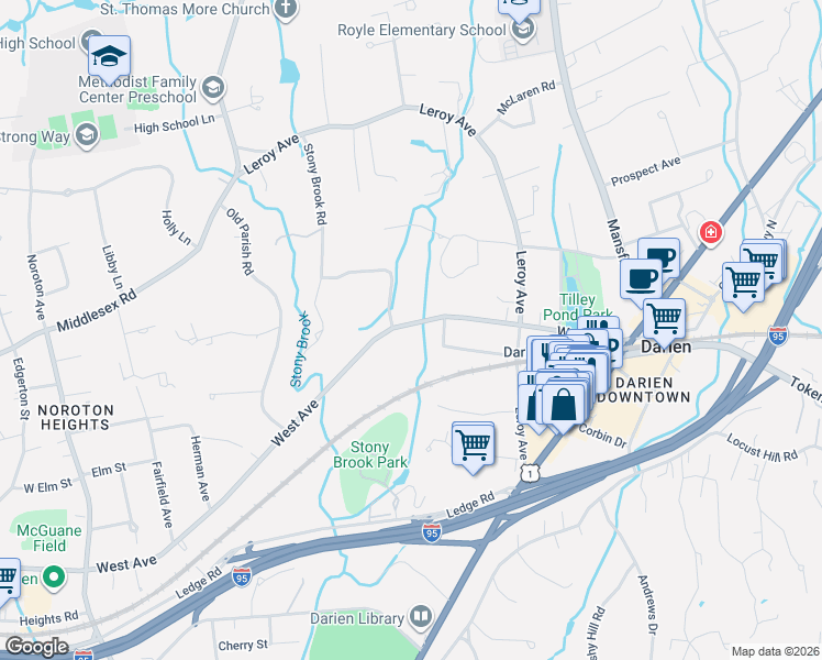 map of restaurants, bars, coffee shops, grocery stores, and more near 95 West Avenue in Darien