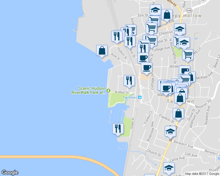 map of restaurants, bars, coffee shops, grocery stores, and more near 169 West Main Street in Tarrytown