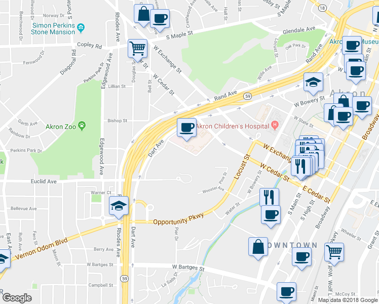 map of restaurants, bars, coffee shops, grocery stores, and more near 429 Akron General Avenue in Akron