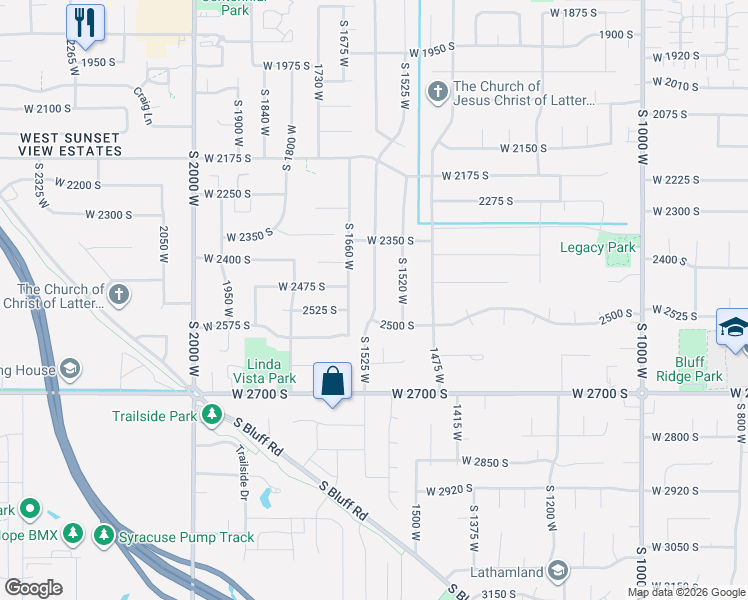 map of restaurants, bars, coffee shops, grocery stores, and more near 2519 South 1660 West in Syracuse