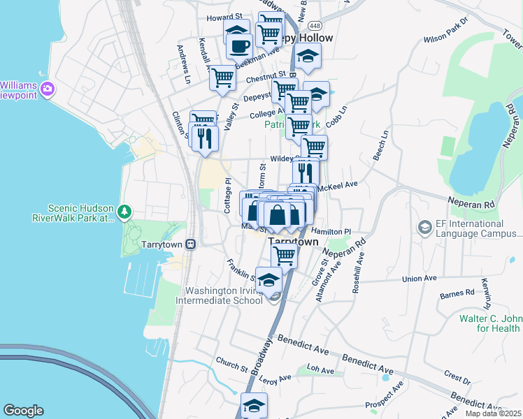 map of restaurants, bars, coffee shops, grocery stores, and more near 15 North Washington Street in Tarrytown