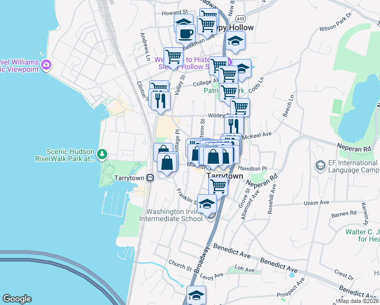 map of restaurants, bars, coffee shops, grocery stores, and more near 13 Baylis Court in Tarrytown