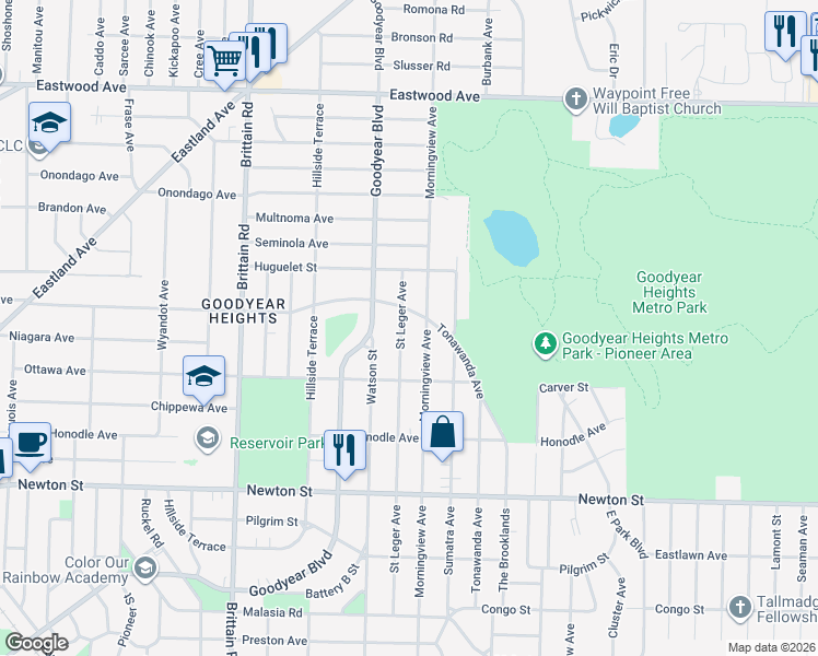 map of restaurants, bars, coffee shops, grocery stores, and more near 558 Morningview Avenue in Akron