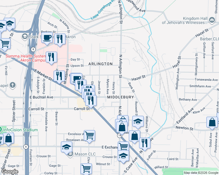 map of restaurants, bars, coffee shops, grocery stores, and more near 121 Myers Avenue in Akron