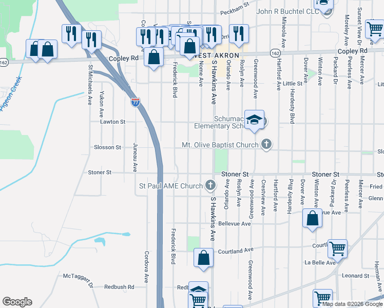 map of restaurants, bars, coffee shops, grocery stores, and more near 1169 Seward Avenue in Akron