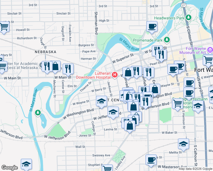 map of restaurants, bars, coffee shops, grocery stores, and more near 924 West Berry Street in Fort Wayne