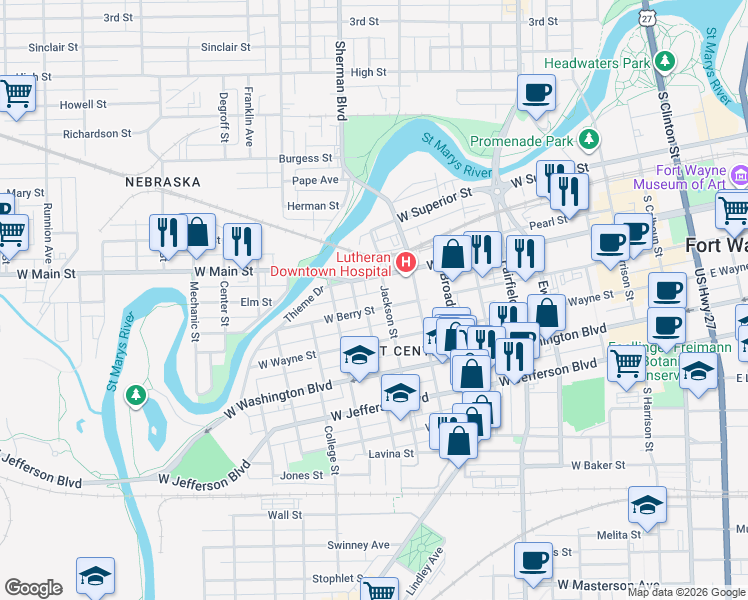 map of restaurants, bars, coffee shops, grocery stores, and more near 924 West Berry Street in Fort Wayne