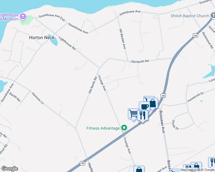 map of restaurants, bars, coffee shops, grocery stores, and more near 4402 Youngs Avenue in Southold