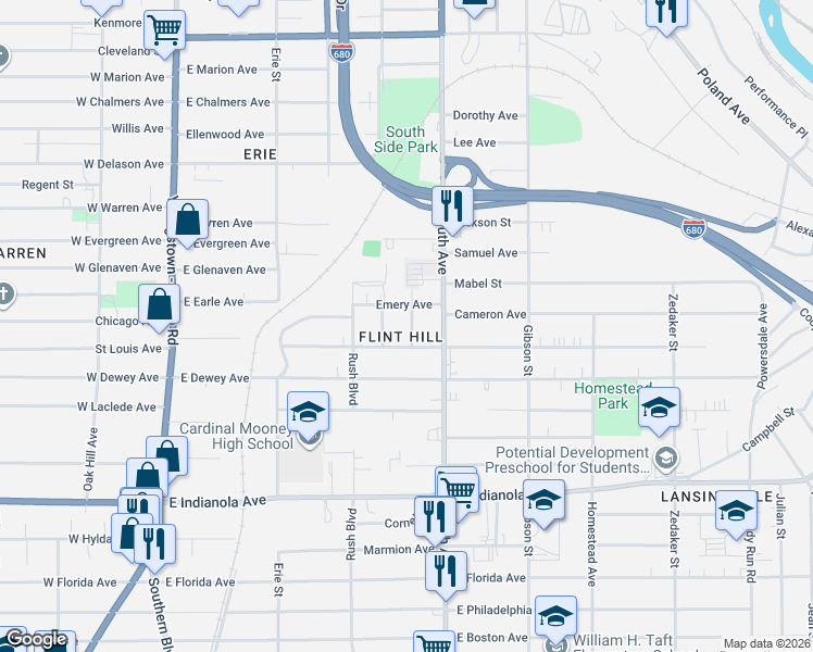 map of restaurants, bars, coffee shops, grocery stores, and more near 426 Pasadena Avenue in Youngstown