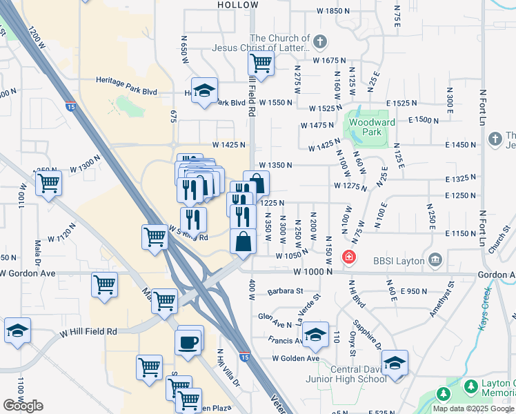map of restaurants, bars, coffee shops, grocery stores, and more near 383 West 1225 North in Layton