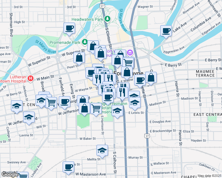 map of restaurants, bars, coffee shops, grocery stores, and more near 1 Summit Square Square in Fort Wayne