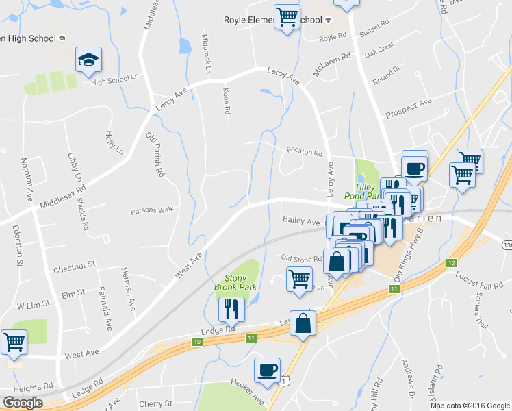 map of restaurants, bars, coffee shops, grocery stores, and more near 95 West Avenue in Darien