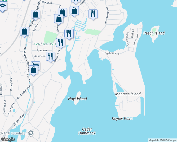 map of restaurants, bars, coffee shops, grocery stores, and more near 9 Outer Road in Norwalk